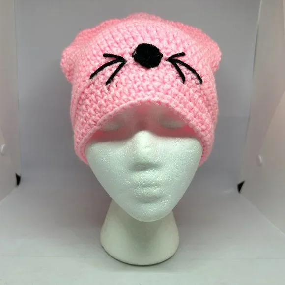 Handmade Crochet Light Pink Knit Cap w/Black Accent OS - Picture 2 of 11
